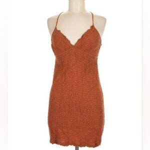 Anthropologie The Ellen Mini Dress in Brown Ruched Smocked V Neck - Size S